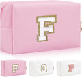 Iqimott,Personalized Initial Letter Patch Makeup Bag, Preppy Portable Chenille Letter Cosmetic Bag with Zipper, PU Leather Travel Toiletry Bag Monogram Make Up Pouch for Women Girls(Letter F)