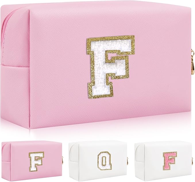 Iqimott,Personalized Initial Letter Patch Makeup Bag, Preppy Portable Chenille Letter Cosmetic Bag with Zipper, PU Leather Travel Toiletry Bag Monogram Make Up Pouch for Women Girls(Letter F)