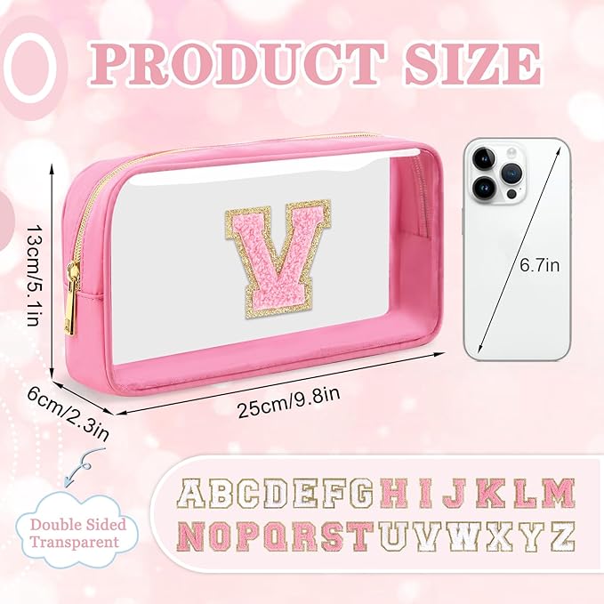 Small Clear Personalized Initial Makeup Bag, Preppy Nylon A-Z Chenille Letter Patch Makeup Organizer TSA Approved Travel Toiletry Bag,Waterproof Zip Beach Cosmetic Pouch Purse for Women(Pink-Pink V)