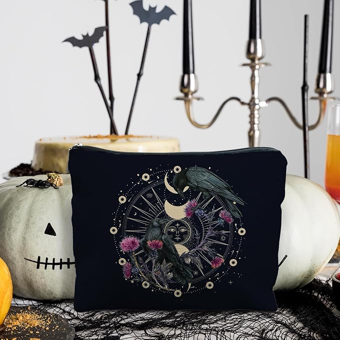 Goth Raven Makeup Bag, Celestial Sun and Moon Phase Witchy Makeup Bag for Women, Witch Stuff, Halloween Black Crow Floral Cosmetic Bag Toiletry Bag for Women, Black