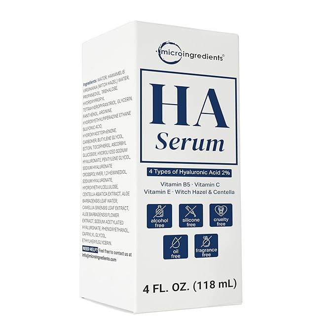 Hyaluronic Acid Serum with Vitamin B5, C, E, Witch Hazel, & Centella – 4 FL OZ | Active Hydrating Serum | 4 Types of HA at 2% | Skin + Face Hydration & Moisture Support* | Oil Free, Fragrance Free