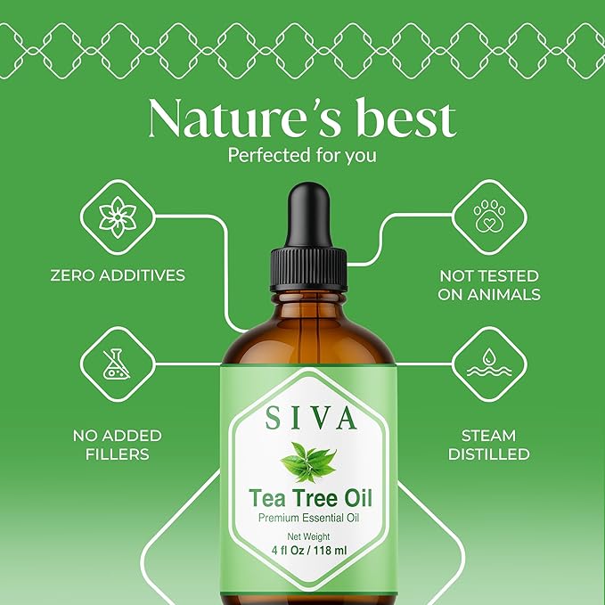 Siva Tea Tree Essential Oil - 4 Fl Oz – 100% Natural Tea Tree Oil - for Diffuser, Face, Skin Care, Aromatherapy, Hair Care, Scalp and Body Massage - with Dropper