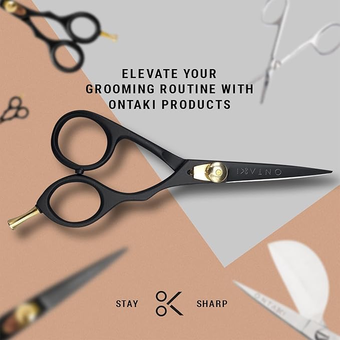 Ontaki Japanese Steel Beard Scissors for Men - 5.5" Ergonomic Black, Right-Handed - Scissors & Comb Travel Set, Beard Grooming Kit with Mustache Comb & Carry Pouch, Blunt-Tip Facial Hair Shears