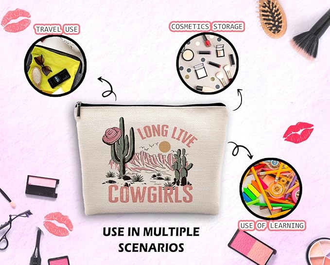 Long Live Cowgirls Cosmetic Bag, Pink Retro Western Cowgirl Hat Desert Cactus Makeup Bag Zipper Cosmetic Pouch Bag Travel Linen Makeup Organizer, Preppy Gifts for Teen Girls Women Cowgirls