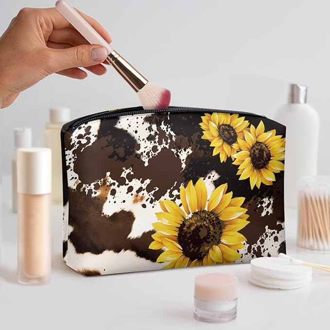 COEQINE Sunflower Cosmetic Bag for Women Leather Soft Cosmetic Bag With Black Cosmetic Purse for Travel Birthday Party Cow Print Cosmetic Purse With Zipper for Ladies Cell Phone Purse