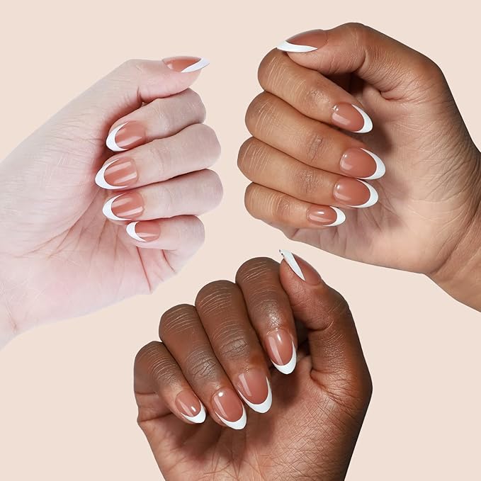 16 size white french tip almond press on nails for women,32 pcs super short petite oval nails with glue and stick, Brown French
