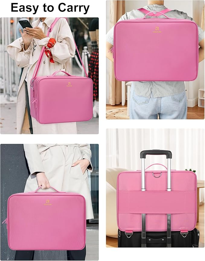Relavel Extra Large Makeup Case Travel Train Case Professional Makeup Artist Bag Portable Nail Organizer Box Art Supply Case with Adjustable Dividers/Attach to Trolley/Shoulder Strap (Rose Pink)