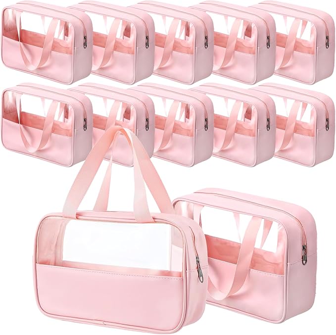 12 Pcs Translucent Make up Bag 10.2 x 6.3 x 2.8 Inches Waterproof Toiletry Organizer with Hanging Handles Portable Cosmetic Travel Bag Carry Pouch for Women and Men Travel Storage (Pink)