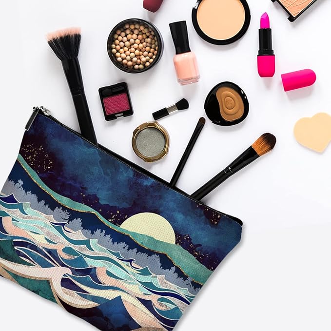 Cute Makeup Bag for Purse Canvas Waterproof Funny Cosmetic Bags for Women Zipper Travel Toiletry Pouch-Mountain Makeup Bags-Blue