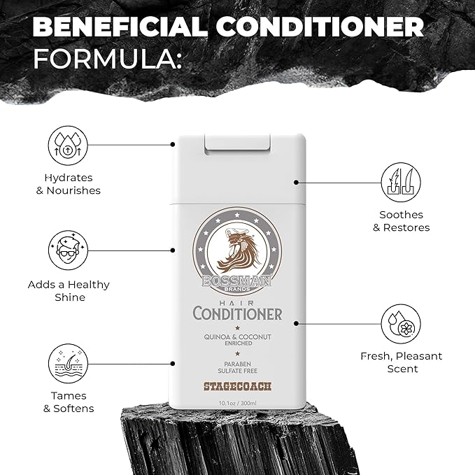 Bossman Moisturizing Hair Conditioner for Men – Stimulates, Hydrates, Soothes Men's Hair and Scalp – Natural Quinoa & Coconut Enriched - Paraben & Sulfate Free (Stagecoach Scent)