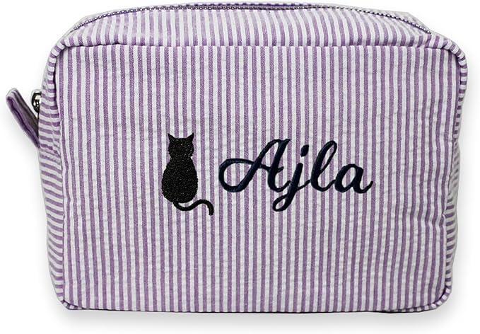 Custom Makeup Bag Personalized Cosmetic Bag Cute Seersucker Travel Toiletry Bag for Women Embroidered Bag Organizer for Bride Makeup Bag Gift Purple
