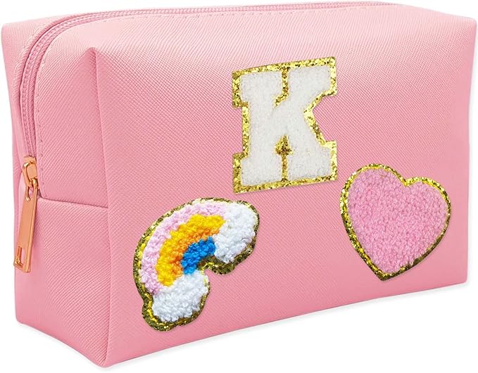Personalized Inital Preppy Makeup Bag Set with Zipper, Monogram Waterproof Travel Cosmetic Bag for Women, Cute Preppy Patch Toiletry Bag for Traveling Outdoors, Gift Ideal for Christmas Thanksgiving