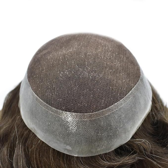 FACE MIRACLE Mens Toupee Lace Front Hairpieces Soft Human Hair Replacement System Natural Hairline Toupee for Men French Lace Poly V-Looped 8"X10" #410 4# MEDIUM BROWN WITH 10% SYNTHETIC GREY