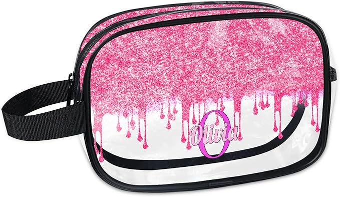 Customized Travel Makeup Toiletry Bag, PVC Transparent Waterproof Large Cosmetic Bag Makeup Shaving Bag Organizer Case, Hot Pink Curtain Glittery