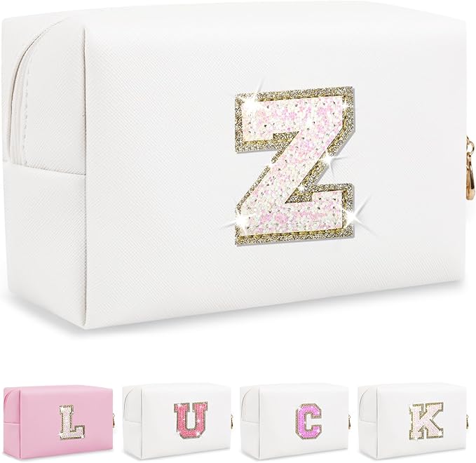 Initial Letter Patch Makeup Bag, Preppy Glitter Pouch Cosmetic Bag, Small PU Travel Toiletry Bag Zipper, Personalized Monogrammed Gift for Friends, Sisters & Teens (Letter Z)