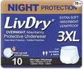 LivDry Adult Incontinence Underwear, Overnight Comfort Absorbency, Leak Protection (XXX-Large (10 Count))