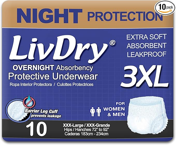 LivDry Adult Incontinence Underwear, Overnight Comfort Absorbency, Leak Protection (XXX-Large (10 Count))