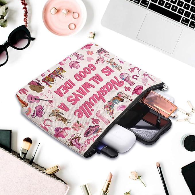 Nashville Travel Gifts Makeup Bag, Nashville Lover Accessories Souvenirs, Country Music Gifts for Traveller Women Friends, Birthday Bachelorette Party Favors Women Trip Cosmetic Bag Pouch