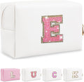Personalized Initial Letter Makeup Bag, Preppy Glitter Letter Patch Cosmetic Pouch Zipper,PU Waterproof Travel Toiletry Bag Cute Makeup Organizer Monogrammed Make Up Bag,Gift for Women Girls