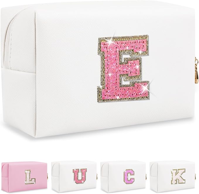 Personalized Initial Letter Makeup Bag, Preppy Glitter Letter Patch Cosmetic Pouch Zipper,PU Waterproof Travel Toiletry Bag Cute Makeup Organizer Monogrammed Make Up Bag,Gift for Women Girls