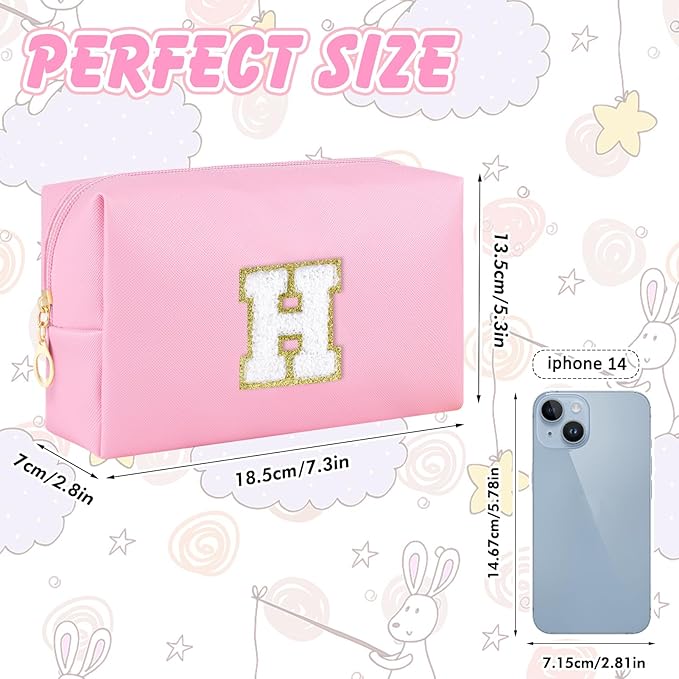 Initial Makeup Bag Personalized Preppy Travel Small Cosmetic Bag Cute PU Pink Chenille Letter Makeup Pouch for Purse Waterproof Zippered Toiletry Organizer for Women Girls Kids Friends (H)