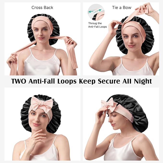 YFONG 100% 22 Momme Mulberry Silk Bonnet for Sleeping Women, Larger Double Layer Silk Hair Wrap for Curly Short Long Hair, Non-Slip Sleep Cap Turban with Elastic Tie Band (Pink & Black)
