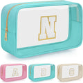 Personalized Initial Clear Makeup Bag, Travel Chenille Patch Cosmetic Bag, Preppy Toiletry Bag Monogram Cosmetic Pouch with Zipper, Ideal Gift for Teen Girls Women (Clear-Green, N)