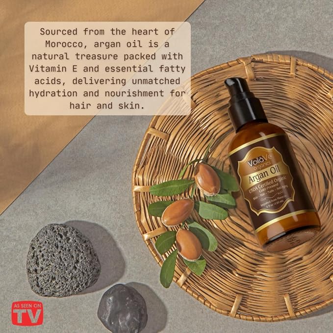VoilaVe USDA and ECOCERT 100% Pure Organic Moroccan Argan Oil for Skin, Nails & Hair Growth, Anti-Aging Face Moisturizer, Cold Pressed, Hair Moisturizer, Rich in Vitamin E, As Seen On TV - 4 fl oz