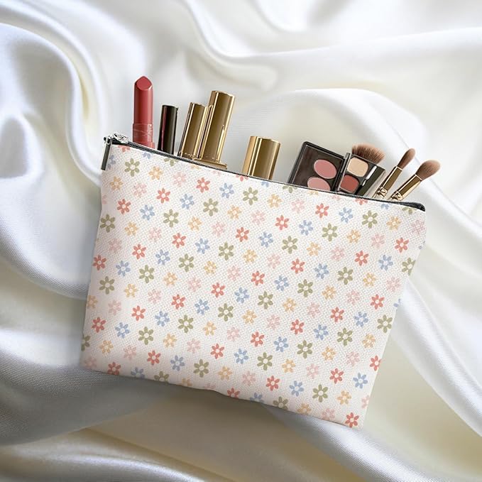 Vintage Daisy Flowers Makeup Bag Floral Cosmetic Bag Friend Friendship Gifts for Women Girls Sister Coworker Mama Botanical Travel Organizer Zipper Pouch Christmas Thanksgiving Birthday Gifts