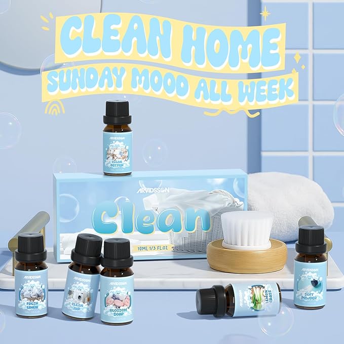 Clean Essential Oils Set, ARVIDSSON Natural Fragrance Oil for Diffuser, Soap Making - Fresh Linen, Clean Home, Fresh Cotton, Soft Powder, Blossom Soap, Lemongrass, Strong Scented Oils for Home