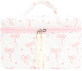 Quilted Makeup Bag Large Travel Zipper Soft Cosmetic Case for Women Girls Make Up,Bow Pink