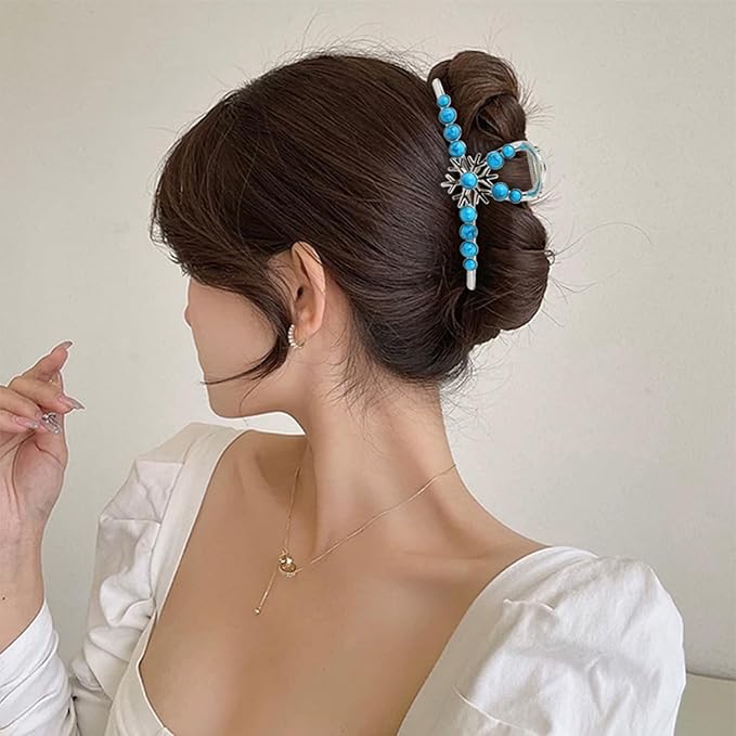Turquoise Blue Stone Hair Clips, Large Metal Retro Sun Flower Style Claw Clip for Women Strong Hold Big Non-Slip Hair Catch Barrette Jaw Clamp for Long Thick Hair, Fashion Styling Accessories (2 Pack)