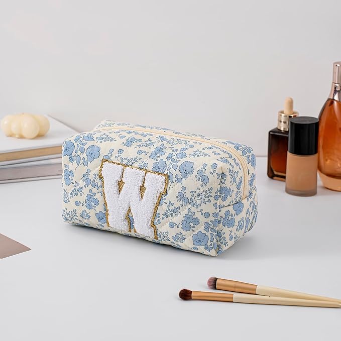 Gleyemor Personalized Initial Makeup Bag for Women, Cute Quilted Blue Floral Cotton Cosmetic Bag, Christmas Gifts for Her Mom Friend Sister Bridesmaid Teacher Women W