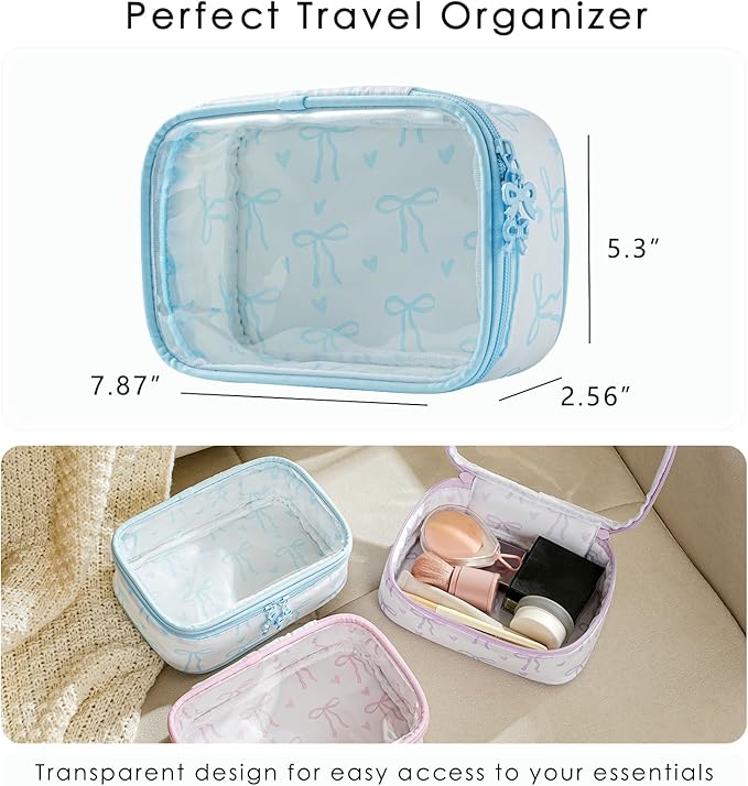 Cute Clear Makeup Bag with Bow Pattern,Transparent Nylon Travel Cosmetic Case with Zipper,Portable Makeup Organizer Pouch for Essentials(02Blue)