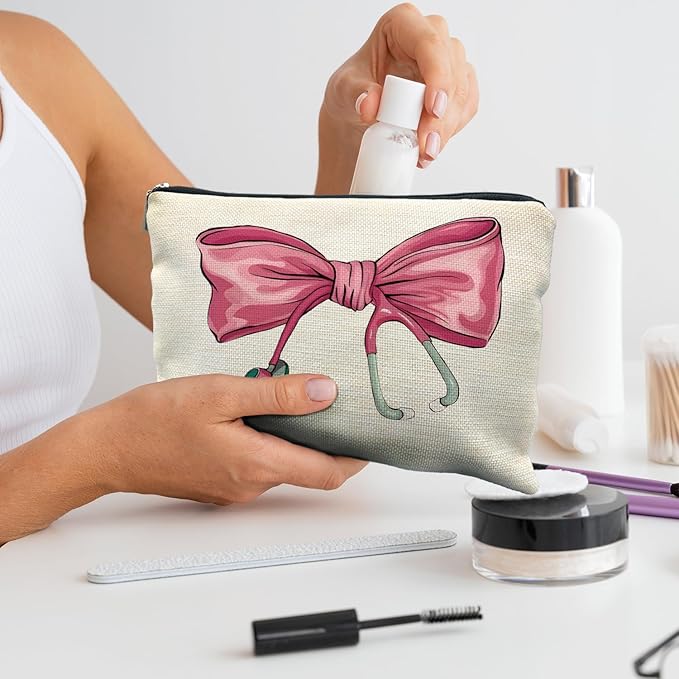 Pink Coquette Bow Stethoscope Nurse Makeup Bag, Nurse Gifts for Women Cosmetic Bags, Nurse Week Gifts Makeup Pouch, Nurse Appreciation Gifts Zipper Pouch