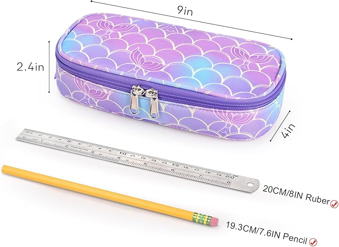 mibasies Girls Pencil Case for Kids, Multi-Slot Pencil Pouch, Mermaid Tail Purple