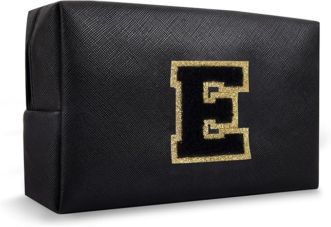Personalized Chenille Letter Preppy Makeup Bag, Small Initial Black Travel Cosmetic Organizer Toiletry Pouch Monogram Makeup Storage, Waterproof Make Up Case Travel Essentials for Women Her(Letter E)