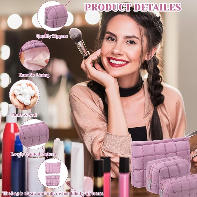 3 Pcs Puffy Makeup Bag Quilted Cosmetic Pouch for Women Cute Checkered Travel Toiletry Bag Puffer Makeup Organizer Purse Pouch Preppy Pencil Case with Zipper(Nude Pink)