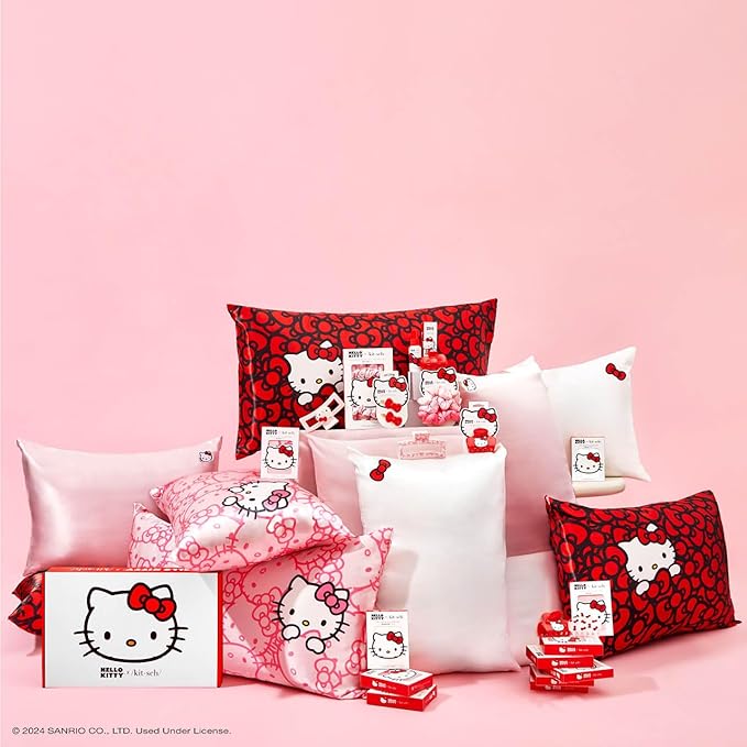 Kitsch x Hello Kitty (Solid Ivory Kitty Bow) - Satin Pillowcase with Zipper for Hair and Skin, Softer Than Silk, Smooth Cooling Pillow Covers, Machine Washable, King Size (19x36)