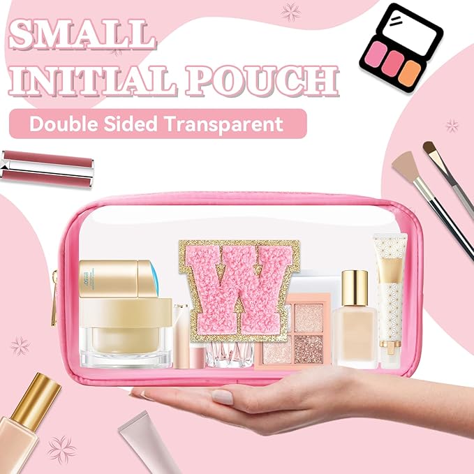 Small Clear Personalized Initial Makeup Bag, Preppy A-Z Chenille Letter Patch Cosmetic Bag, Cute Transparent Nylon Waterproof Zipper Beach Varsity Letter Pouch, Gift for Women Girls(Pink-Pink W)