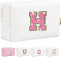 Personalized Initial Makeup Bag, Small Glitter Letter Patch Cosmetic Pouch Zipper, Preppy Makeup Organizer PU Waterproof Travel Toiletry Bag,Monogrammed Birthday Gift for Women Girls(Letter H)