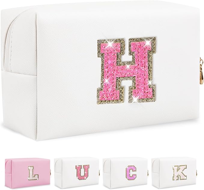Personalized Initial Makeup Bag, Small Glitter Letter Patch Cosmetic Pouch Zipper, Preppy Makeup Organizer PU Waterproof Travel Toiletry Bag,Monogrammed Birthday Gift for Women Girls(Letter H)
