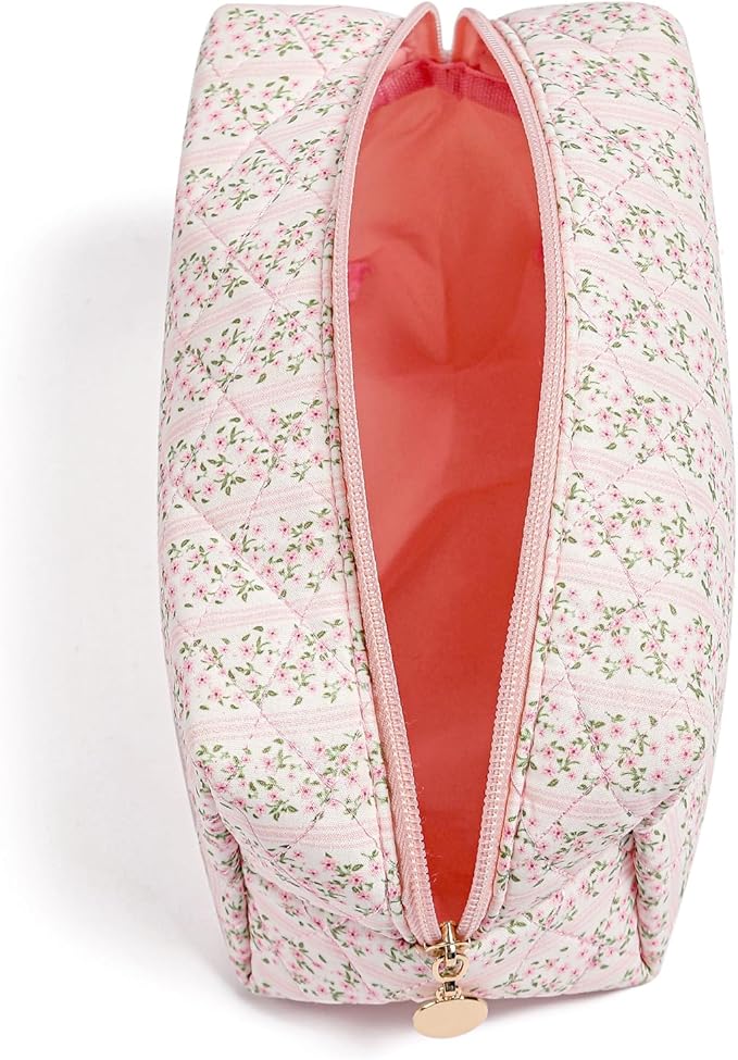 JOVAKIT Square Makeup Bag Cute Cosmetic Bag for Women, Floral Coquette Aesthetic Toiletry Bag, Zipper Make Up Pouch, Travel Make Up Organizer Bag (Pink Floral+Black)