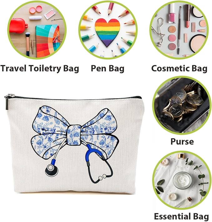 Nurse Gifts, Blue Bow Makeup Bag, Nurse Accessories Funny Horse Cosmetic Bag, Doctor Gift Nursing Travel Organizer Zipper Pouch Thank You Nurses Week Gifts for Women Coworker Physician Assistant