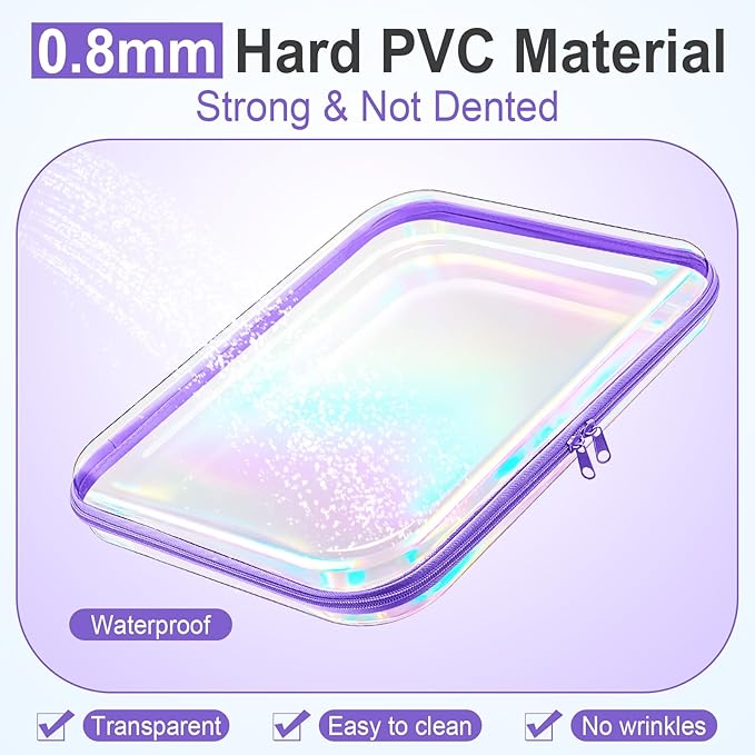 Sanwuta 6 Pcs Clear Hard Zipper Case Hard Plastic Zipper Pouches Makeup Bag Pencil Pouches Transparent Cases for Snacks Plastic Storage Organizer Box for Travel(Holographic,13.78 x 11.81 x 2 Inch)