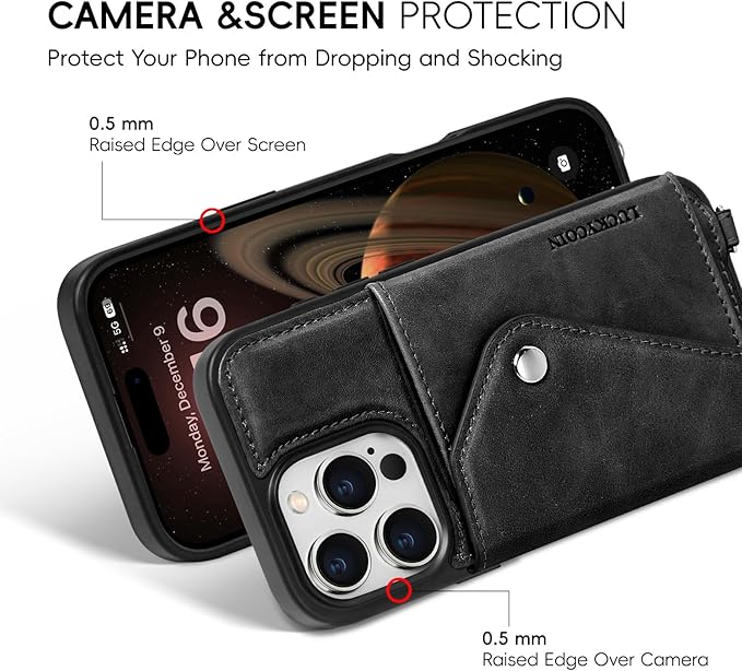 LUCKYCOIN Crossbody Wallet Phone Case for iPhone 16 Pro,100% Genuine Leather Wallet Phone Case with Expandable Flip Card Holder,Phone Purse for Women with Adjustable Removable Strap - Black