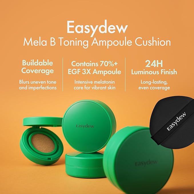 Easydew Mela B Toning Ampoule Cushion - 2-in-1 Korean Skin Care & Face Beauty Makeup - Age-Defying Full Coverage Cushion Foundation with Niacinamide & Hyaluron-Vital C 0.45 oz (#21 Beige)