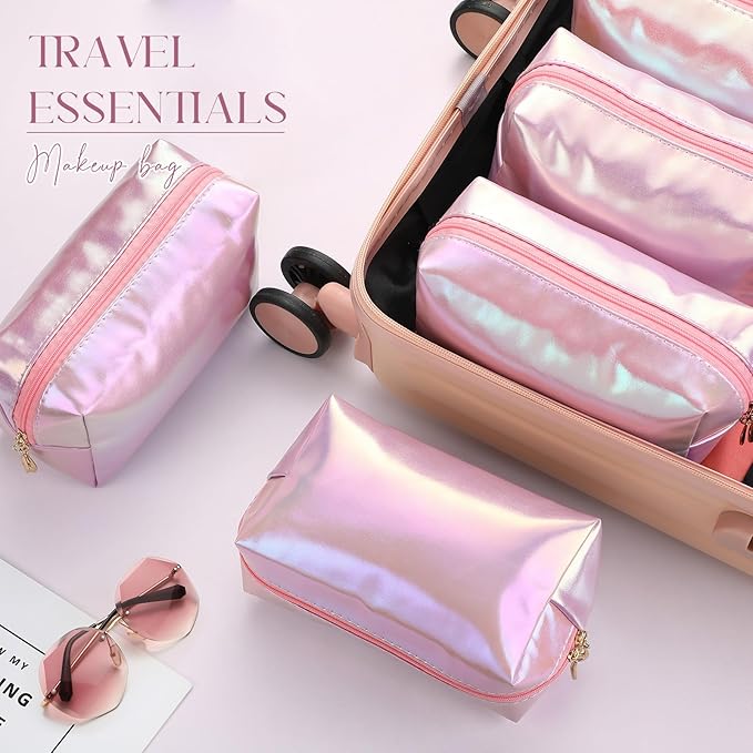Sanwuta 9 Pcs Makeup Bags Bulk PU Double Zippers Cosmetic Bag Makeup Toiletry Christmas Small Pouch Portable Travel Organizers Case for Women Bridesmaid Party End of The Year(Laser Pink)