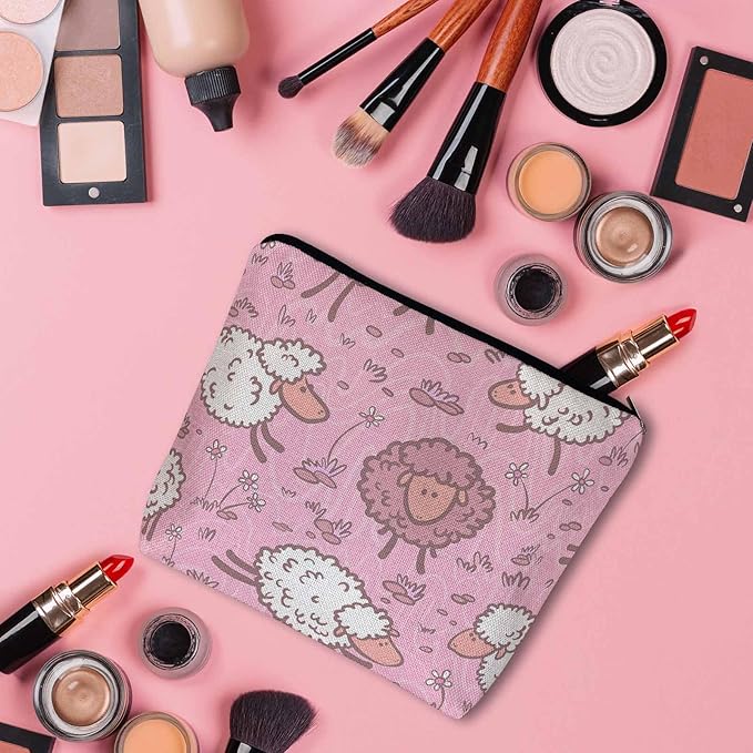 Makeup Bag For Purse Sheep, Farm Animal Weed Flower Sheep Cosmetic Bags For Women With Zipper Travel Toiletry Pouch Makeup Bags Makeup Organizers Purse For Toiletries Cosmetics
