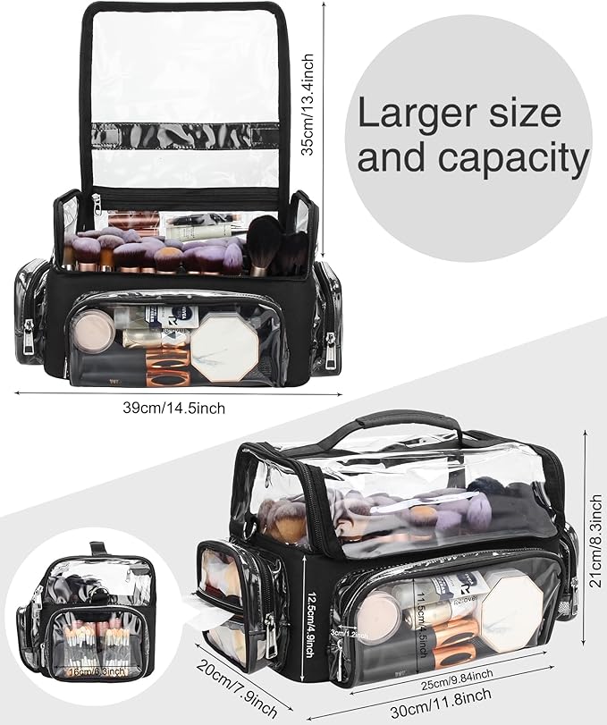 Makeup Brush Bag, Makeup Brush Case for Makeup Artist with Plastic Dividers Washable, Portable Travel Makeup Train Case with Clear Waterproof Cover for Easy to Clean and Find with Adjustable Strap